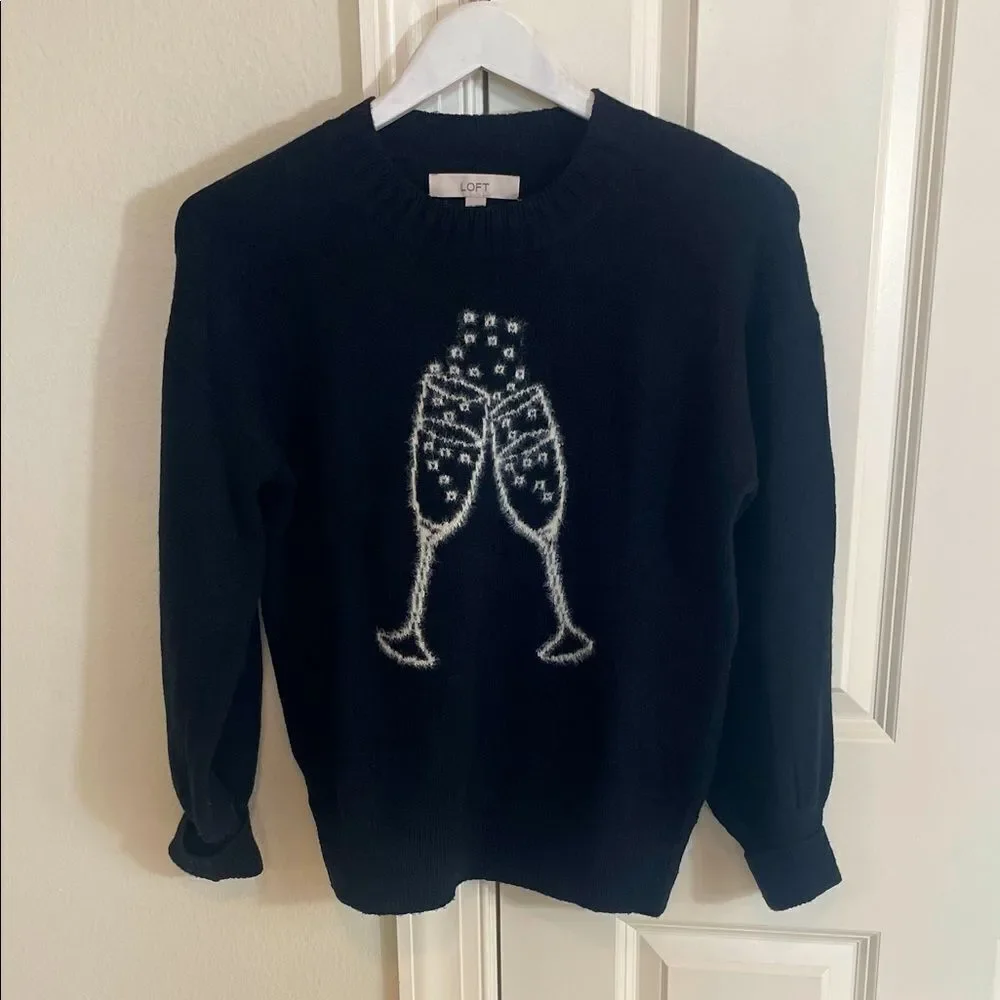 NWOT LOFT Black Sweater with Toasting Glasses Design
